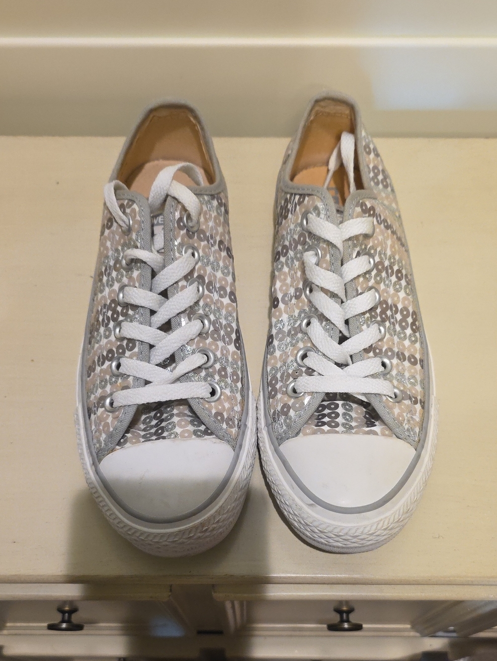 Converse Low-Top Sequined Sneakers in White, Silver & Beige